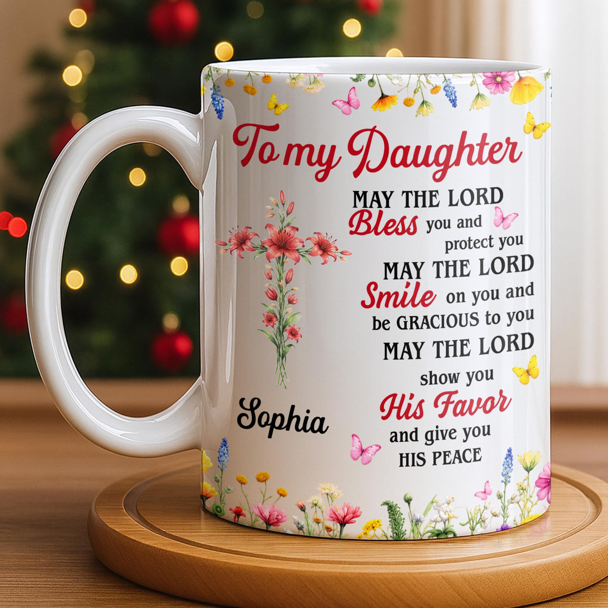 To My Daughter, May The Lord Bless You Floral Cross And Butterflies - Personalized Custom Coffee Mug - DAU822_MG