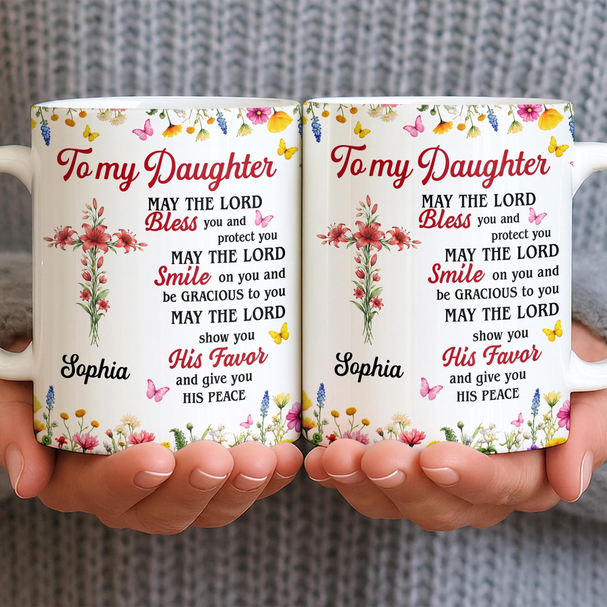 To My Daughter, May The Lord Bless You Floral Cross And Butterflies - Personalized Custom Coffee Mug - DAU822_MG