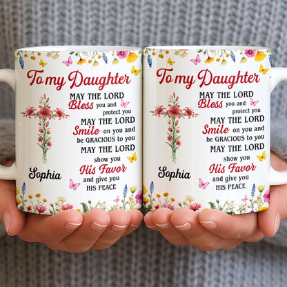 To My Daughter, May The Lord Bless You Floral Cross And Butterflies - Personalized Custom Coffee Mug - DAU822_MG