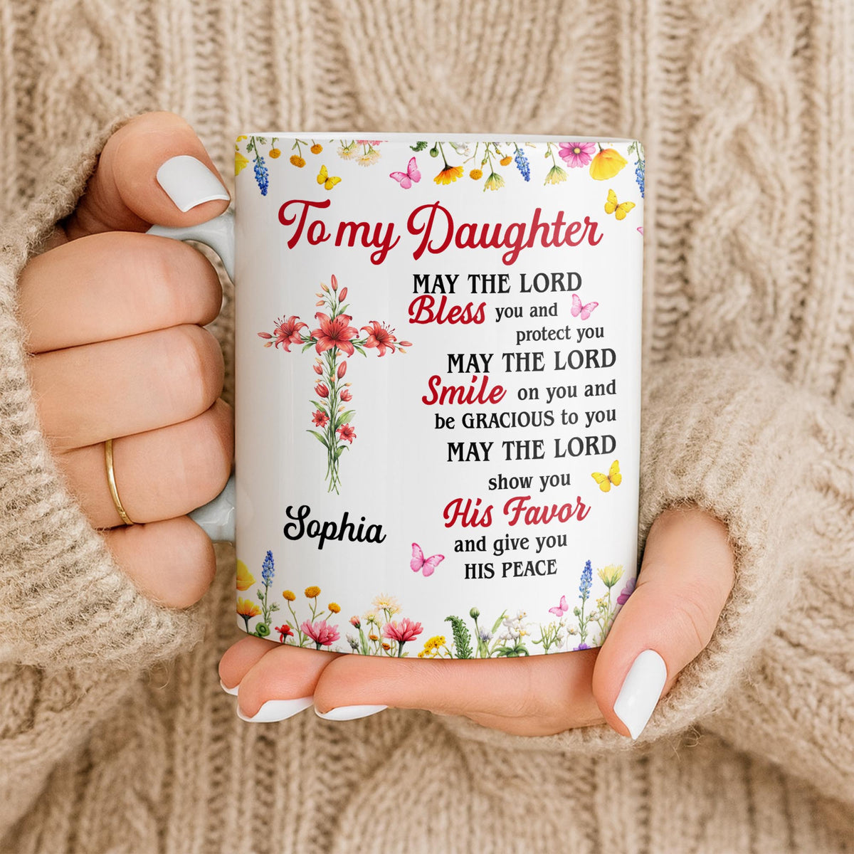 To My Daughter, May The Lord Bless You Floral Cross And Butterflies - Personalized Custom Coffee Mug - DAU822_MG