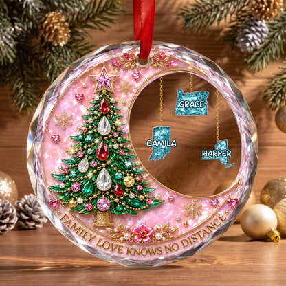 Family Love Knows No Distance With Christmas Tree And Custom States - Personalized Custom Circle Glass Ornament - FAM1187_CGOR