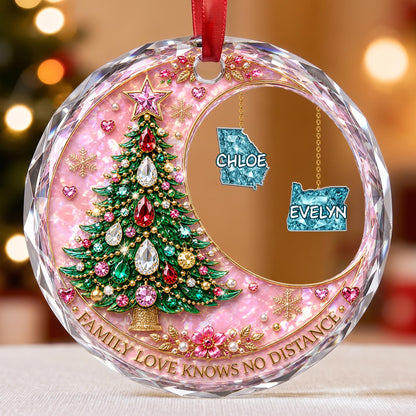 Family Love Knows No Distance With Christmas Tree And Custom States - Personalized Custom Circle Glass Ornament - FAM1187_CGOR