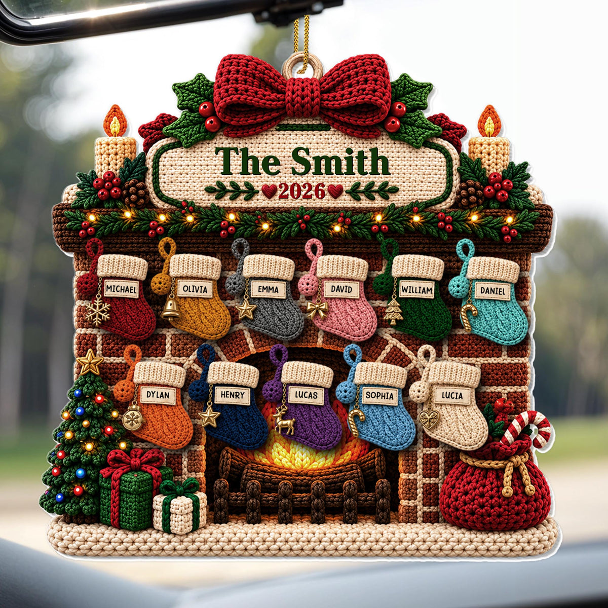 The Family Fireplace With Christmas Stockings And Tree - Personalized Custom Acrylic Ornament, Christmas Gift - FAM1199_ACO
