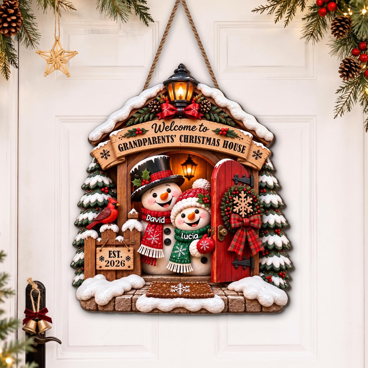 Welcome to Grandparents Christmas House With Snowman And Cardinal - Personalized Custom Shaped Wood Sign - FAM1358_WSIGN