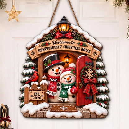 Welcome to Grandparents Christmas House With Snowman And Cardinal - Personalized Custom Shaped Wood Sign - FAM1358_WSIGN