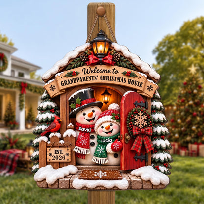 Welcome to Grandparents Christmas House With Snowman And Cardinal - Personalized Custom Shaped Wood Sign - FAM1358_WSIGN