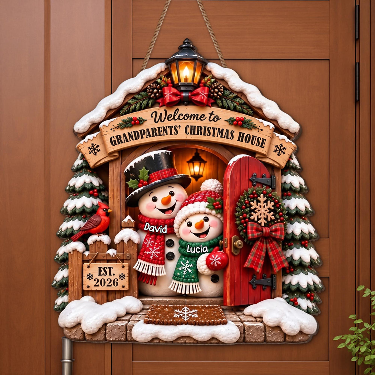 Welcome to Grandparents Christmas House With Snowman And Cardinal - Personalized Custom Shaped Wood Sign - FAM1358_WSIGN
