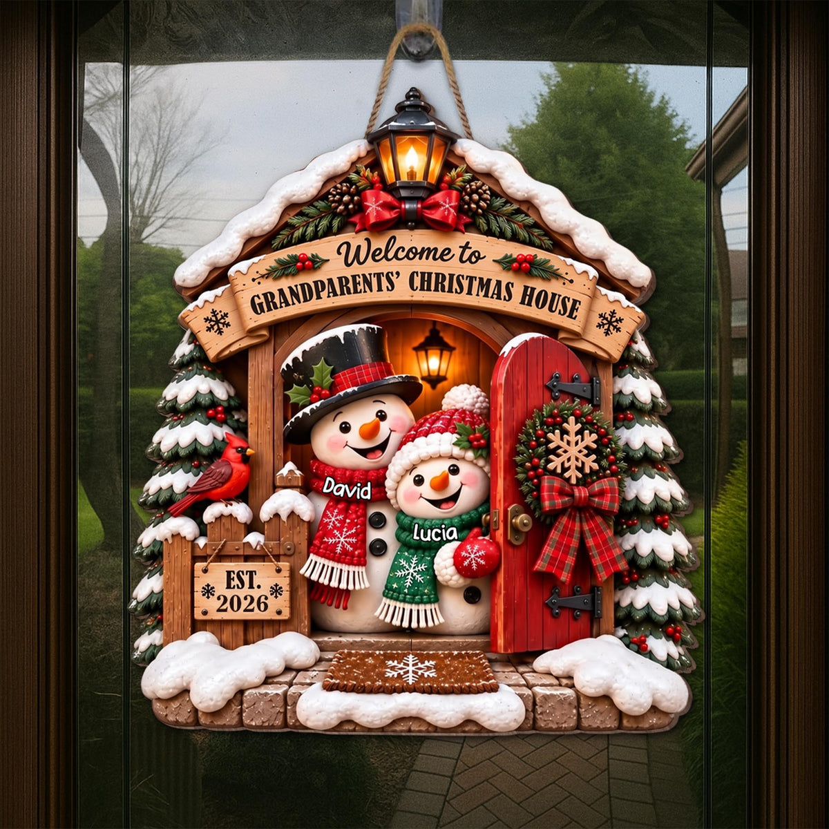 Welcome to Grandparents Christmas House With Snowman And Cardinal - Personalized Custom Shaped Wood Sign - FAM1358_WSIGN