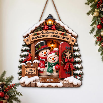 Welcome to Grandparents Christmas House With Snowman And Cardinal - Personalized Custom Shaped Wood Sign - FAM1358_WSIGN