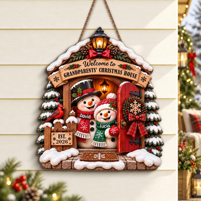 Welcome to Grandparents Christmas House With Snowman And Cardinal - Personalized Custom Shaped Wood Sign - FAM1358_WSIGN