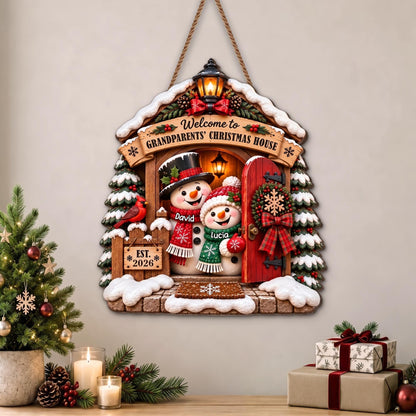 Welcome to Grandparents Christmas House With Snowman And Cardinal - Personalized Custom Shaped Wood Sign - FAM1358_WSIGN
