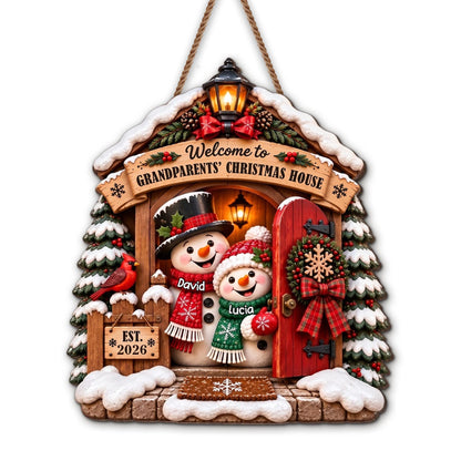 Welcome to Grandparents Christmas House With Snowman And Cardinal - Personalized Custom Shaped Wood Sign - FAM1358_WSIGN