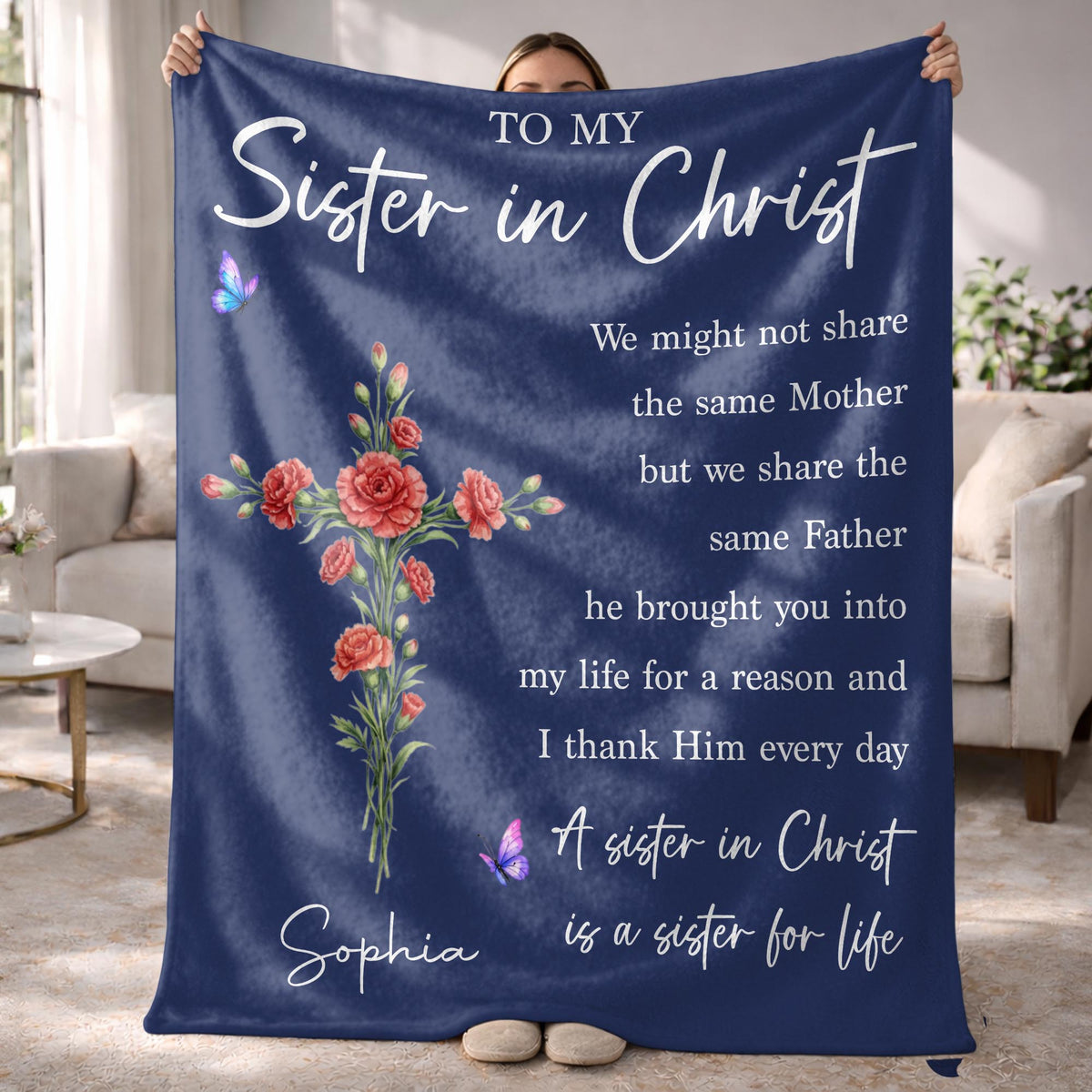 To My Sister In Christ Flower Cross And Butterfly - Personalized Custom Blanket - FTH184_BLK