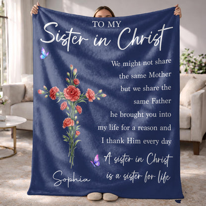 To My Sister In Christ Flower Cross And Butterfly - Personalized Custom Blanket - FTH184_BLK