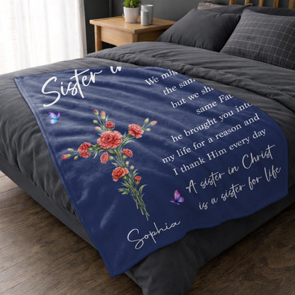To My Sister In Christ Flower Cross And Butterfly - Personalized Custom Blanket - FTH184_BLK
