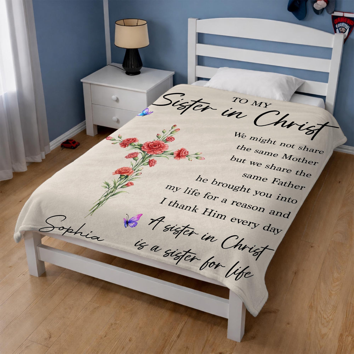 To My Sister In Christ Flower Cross And Butterfly - Personalized Custom Blanket - FTH184_BLK