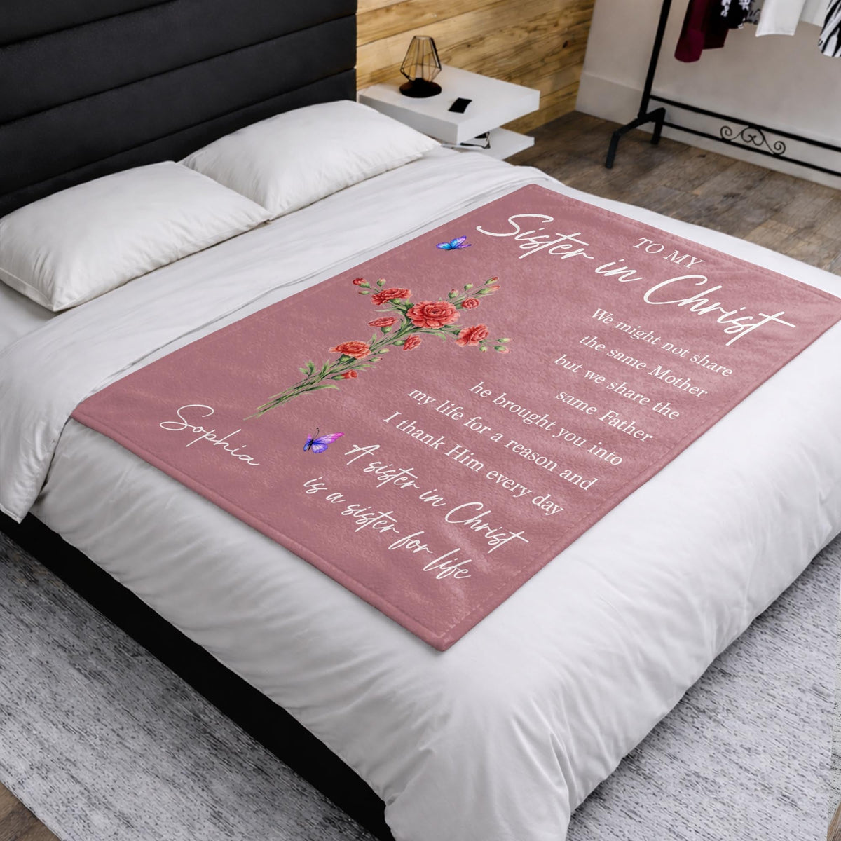 To My Sister In Christ Flower Cross And Butterfly - Personalized Custom Blanket - FTH184_BLK