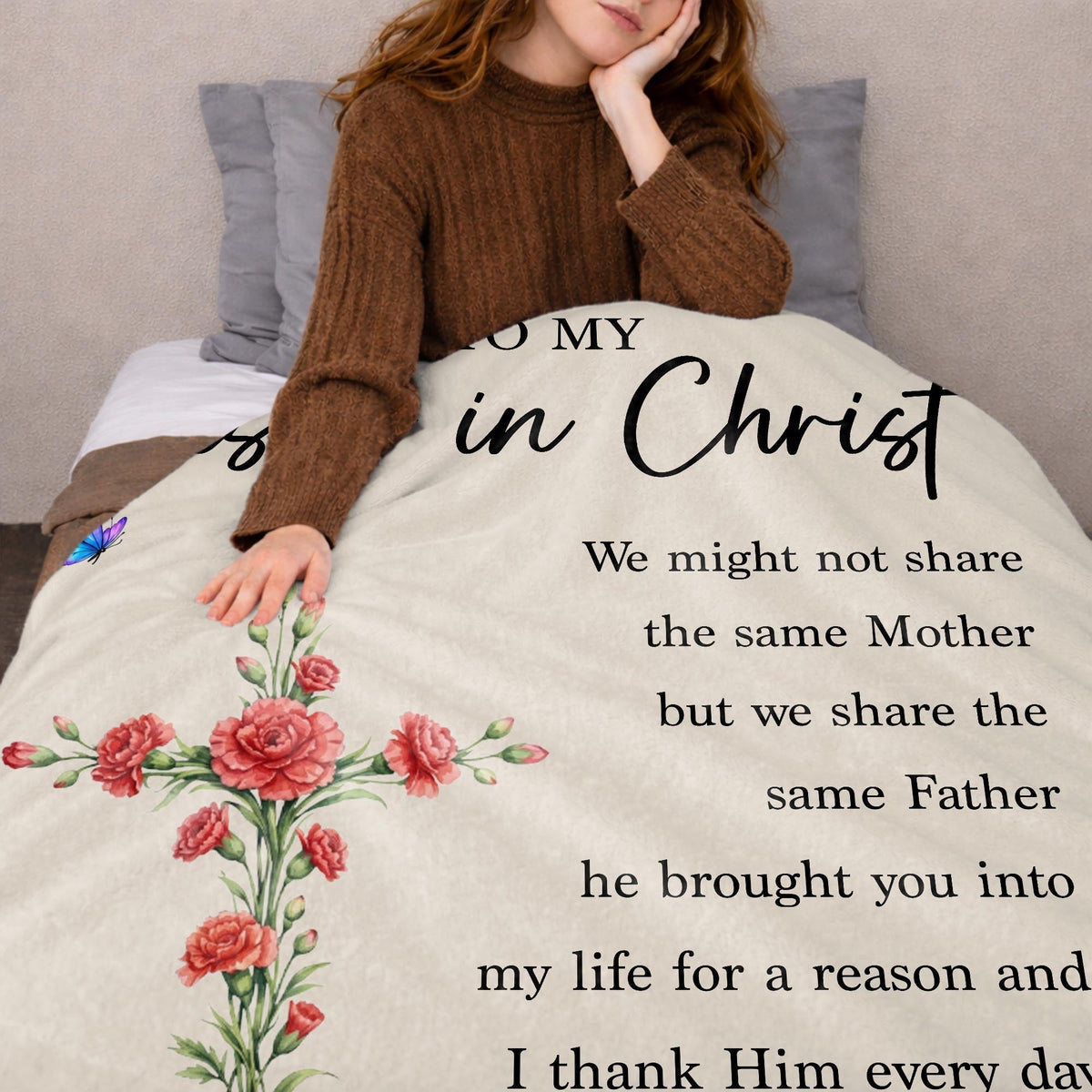 To My Sister In Christ Flower Cross And Butterfly - Personalized Custom Blanket - FTH184_BLK