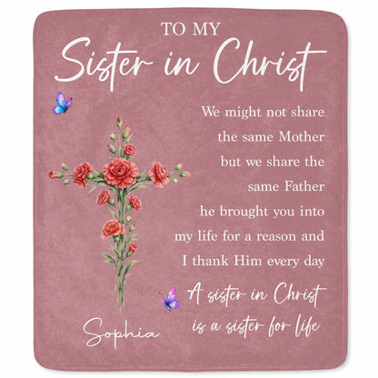 To My Sister In Christ Flower Cross And Butterfly - Personalized Custom Blanket - FTH184_BLK