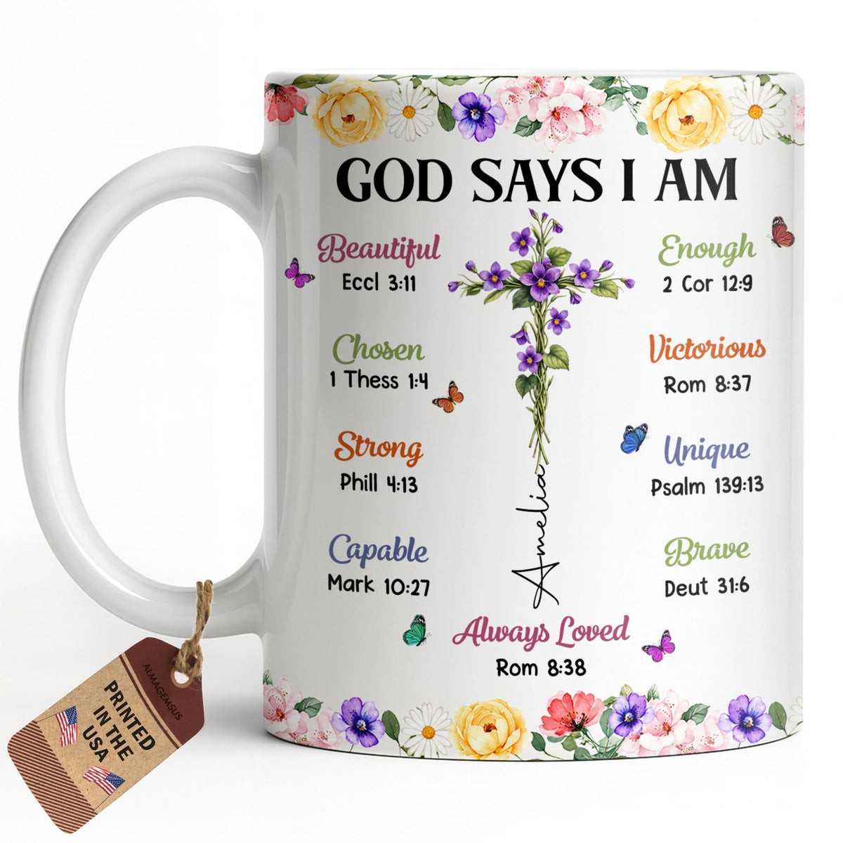 God Says I Am With Floral Cross And Butterflies - Personalized Custom Coffee Mug - FTH191_MG