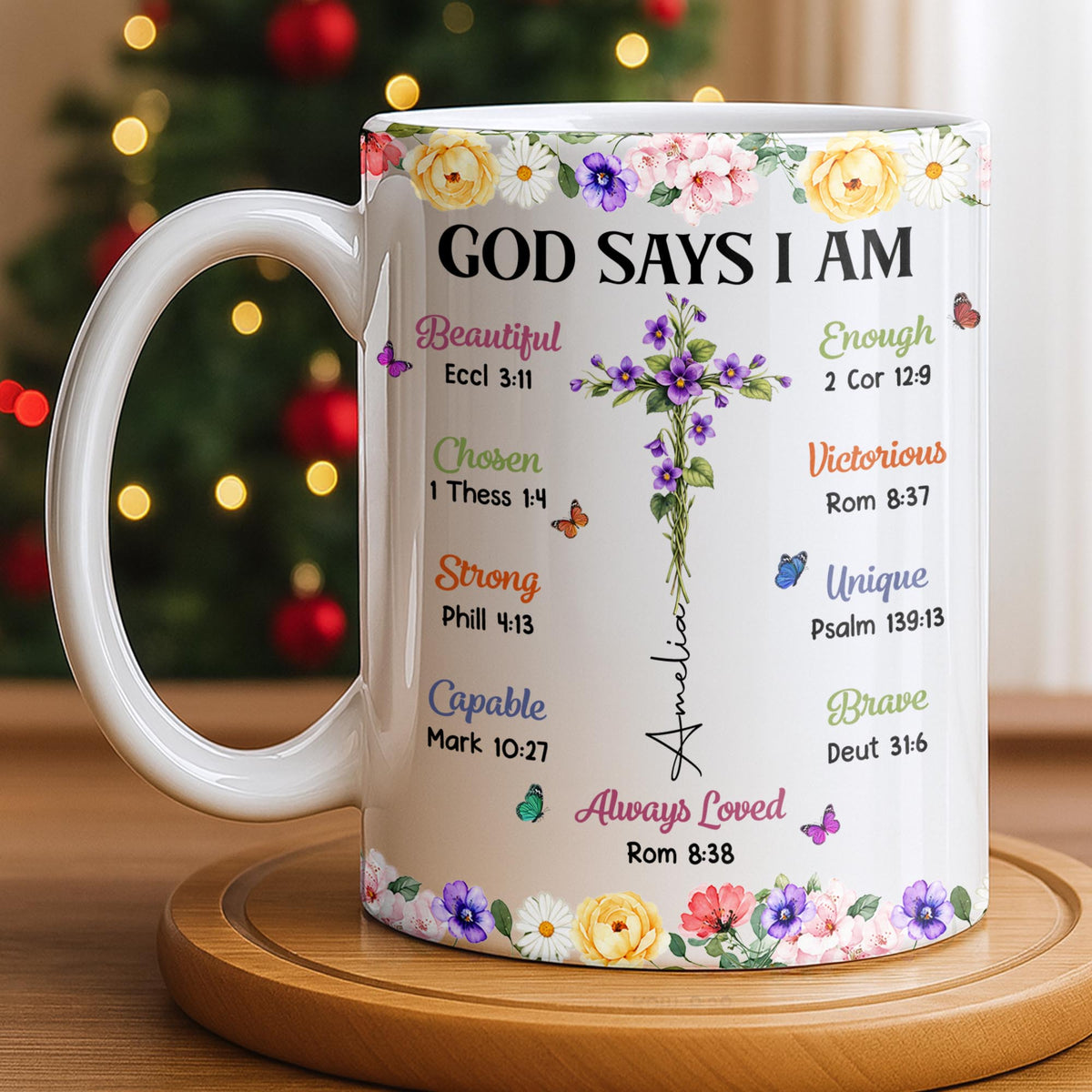 God Says I Am With Floral Cross And Butterflies - Personalized Custom Coffee Mug - FTH191_MG