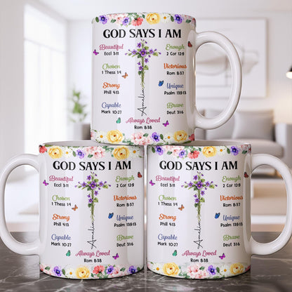 God Says I Am With Floral Cross And Butterflies - Personalized Custom Coffee Mug - FTH191_MG
