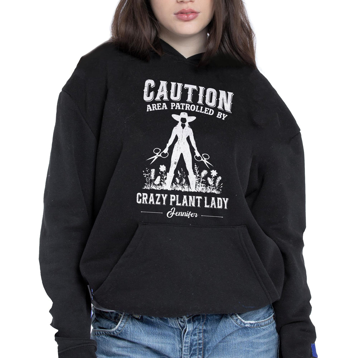 Caution Area Patrolled By Crazy Plant Lady With Gardening Shears And Flowers - Personalized Custom Unisex T-shirt, Hoodie - GAR124_BBAS