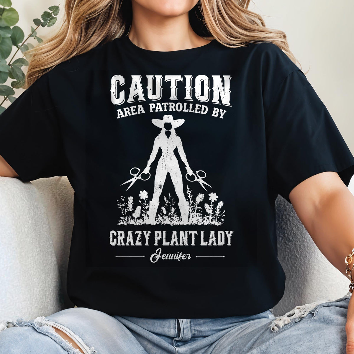 Caution Area Patrolled By Crazy Plant Lady With Gardening Shears And Flowers - Personalized Custom Unisex T-shirt, Hoodie - GAR124_BBAS
