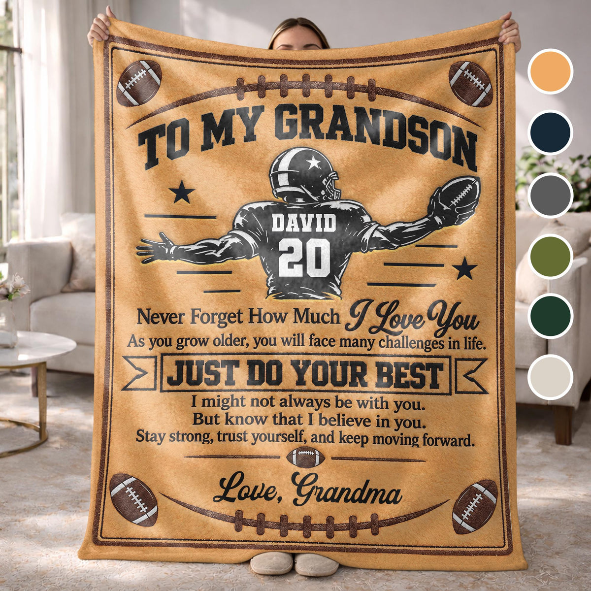 To My Grandson Never Forget How Much I Love You American Football Player - Personalized Custom Blanket - GSN178_BLK