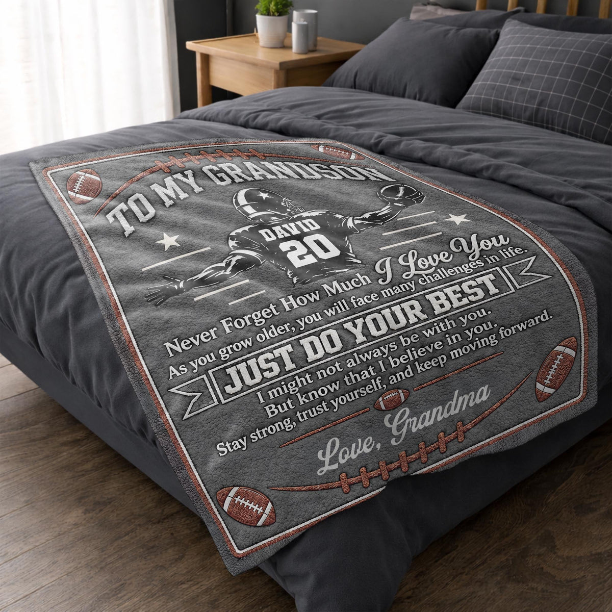 To My Grandson Never Forget How Much I Love You American Football Player - Personalized Custom Blanket - GSN178_BLK