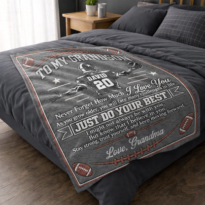 To My Grandson Never Forget How Much I Love You American Football Player - Personalized Custom Blanket - GSN178_BLK