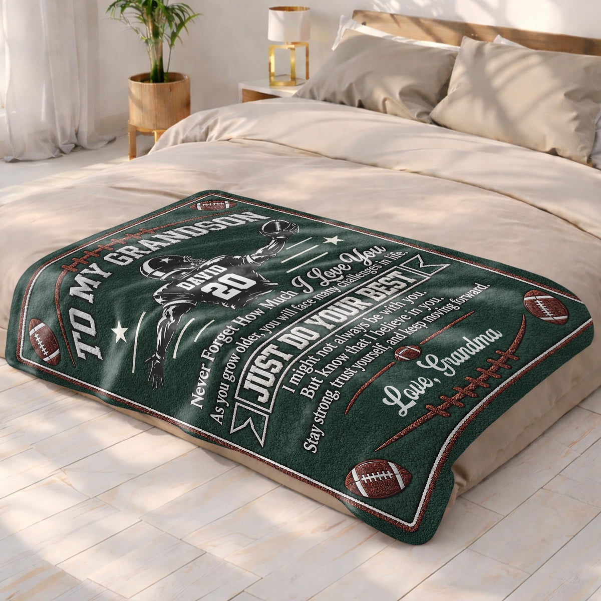 To My Grandson Never Forget How Much I Love You American Football Player - Personalized Custom Blanket - GSN178_BLK