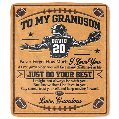 To My Grandson Never Forget How Much I Love You American Football Player - Personalized Custom Blanket - GSN178_BLK