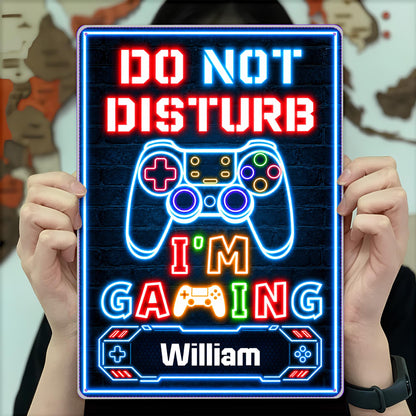 Do Not Disturb I'm Gaming With Controller Neon Design - Personalized Metal Sign - HOB616_MSIGN