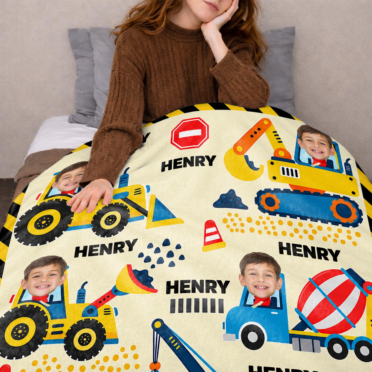 A Busy Day On The Construction Site With Excavator And Bulldozer - Personalized Custom Blanket - HOB647_BLK