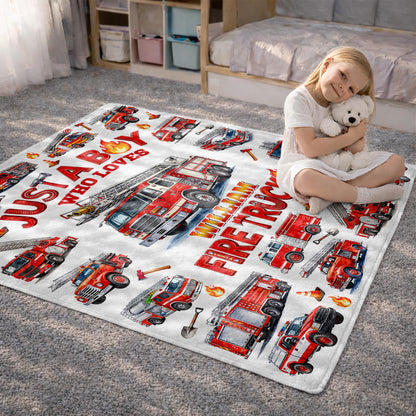 Just A Boy Who Loves Fire Trucks Colorful Fire Engines - Personalized Custom Blanket - KID1017_BLK