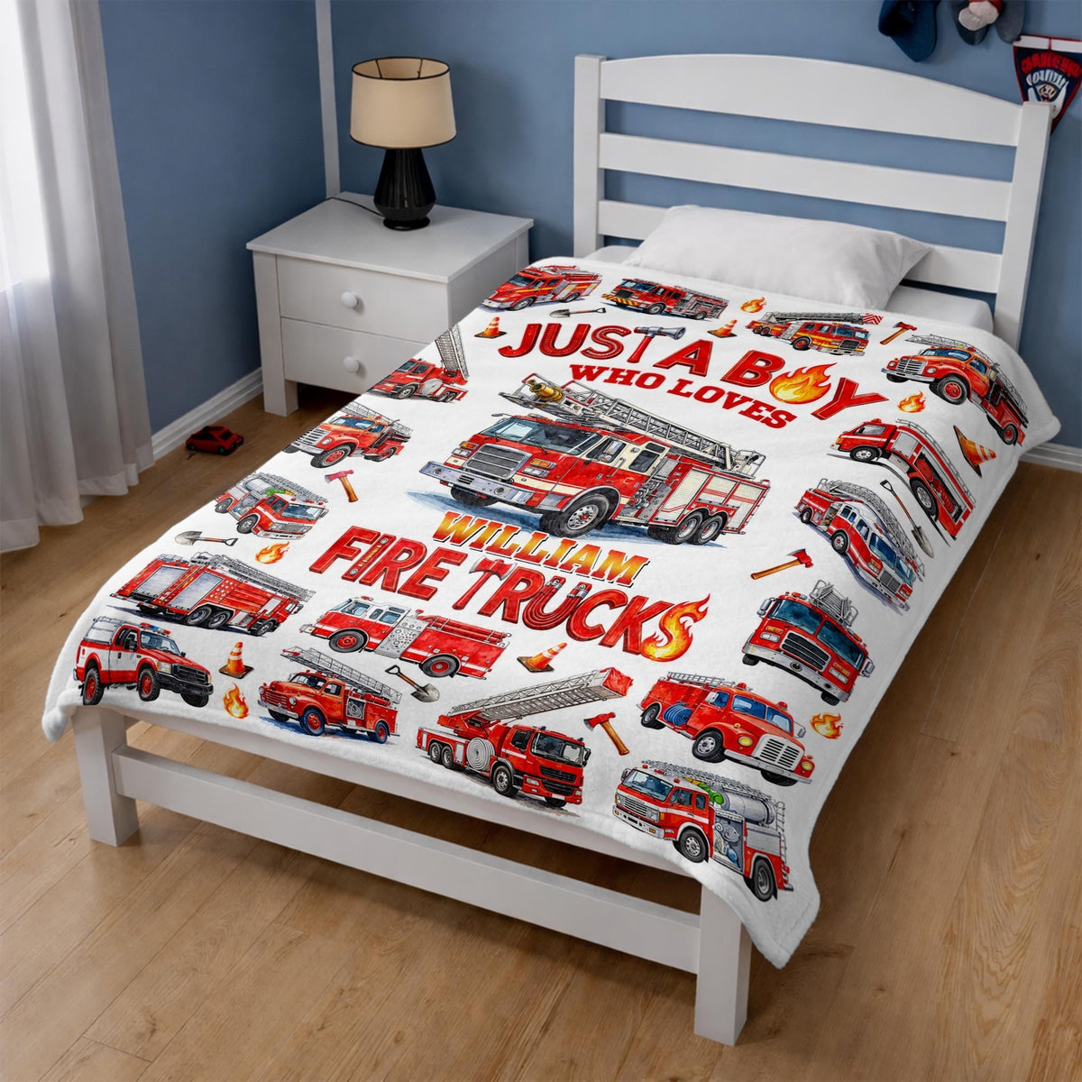 Just A Boy Who Loves Fire Trucks Colorful Fire Engines - Personalized Custom Blanket - KID1017_BLK