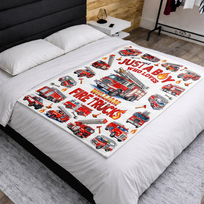 Just A Boy Who Loves Fire Trucks Colorful Fire Engines - Personalized Custom Blanket - KID1017_BLK
