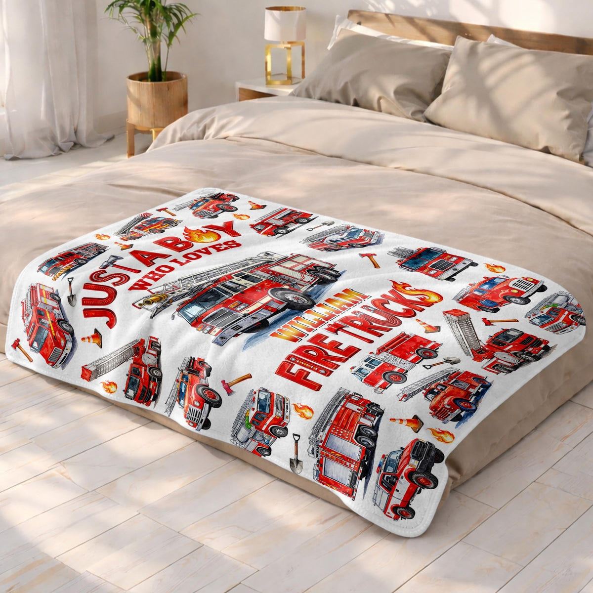 Just A Boy Who Loves Fire Trucks Colorful Fire Engines - Personalized Custom Blanket - KID1017_BLK