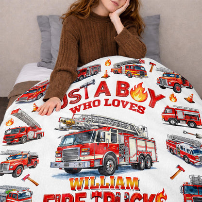Just A Boy Who Loves Fire Trucks Colorful Fire Engines - Personalized Custom Blanket - KID1017_BLK
