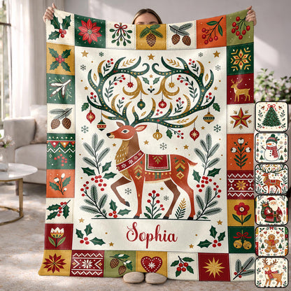 Warm Wishes And Holiday Cheer Reindeer Antlers With Ornaments - Personalized Custom Blanket - KID1019_BLK