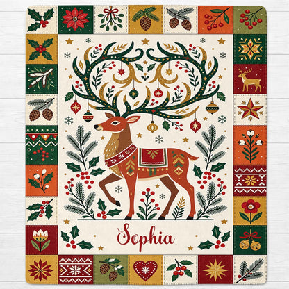 Warm Wishes And Holiday Cheer Reindeer Antlers With Ornaments - Personalized Custom Blanket - KID1019_BLK