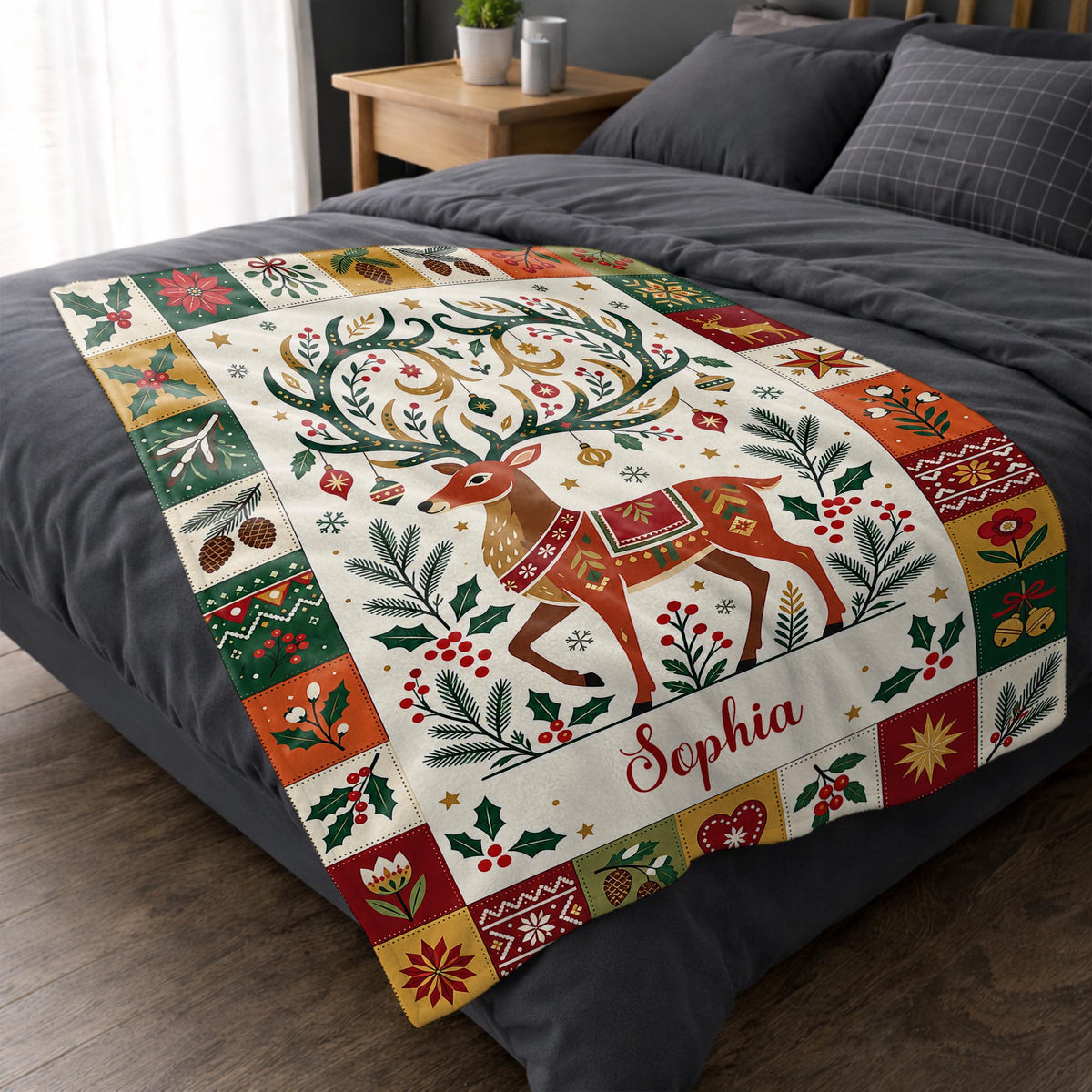 Warm Wishes And Holiday Cheer Reindeer Antlers With Ornaments - Personalized Custom Blanket - KID1019_BLK