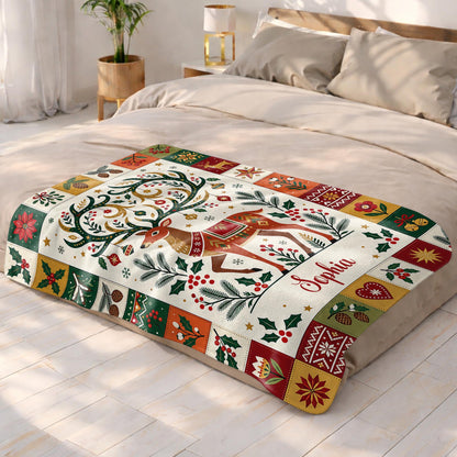 Warm Wishes And Holiday Cheer Reindeer Antlers With Ornaments - Personalized Custom Blanket - KID1019_BLK