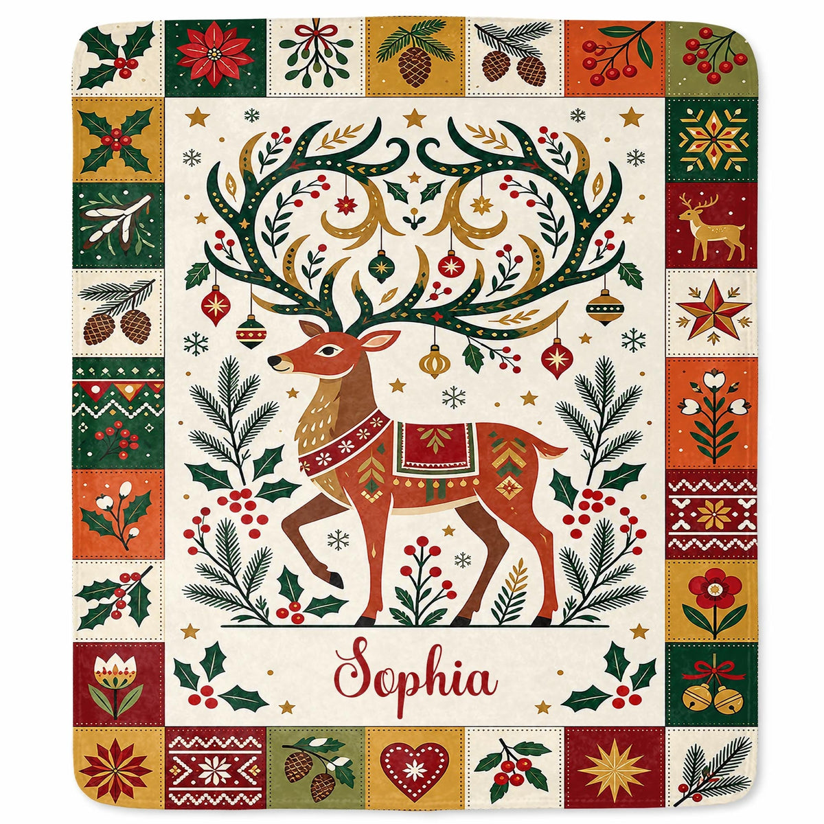 Warm Wishes And Holiday Cheer Reindeer Antlers With Ornaments - Personalized Custom Blanket - KID1019_BLK