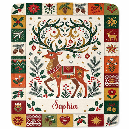 Warm Wishes And Holiday Cheer Reindeer Antlers With Ornaments - Personalized Custom Blanket - KID1019_BLK