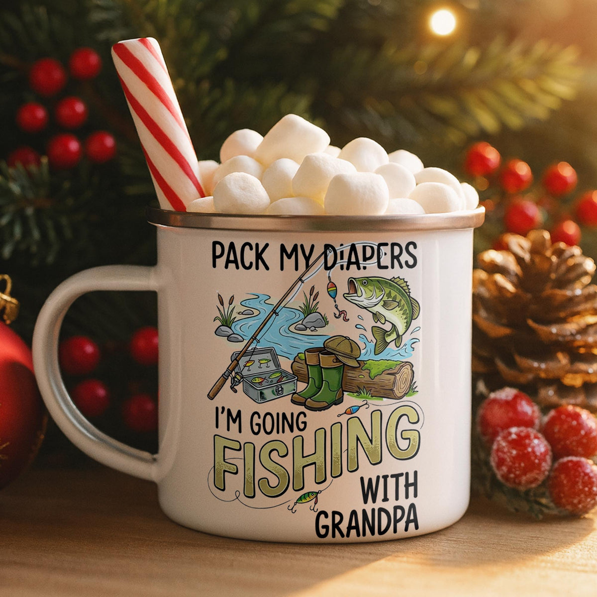Pack My Diapers Going Fishing With Grandpa Fishing Rod And Fish - Personalized Custom Enamel Mug - KID587_EMUG