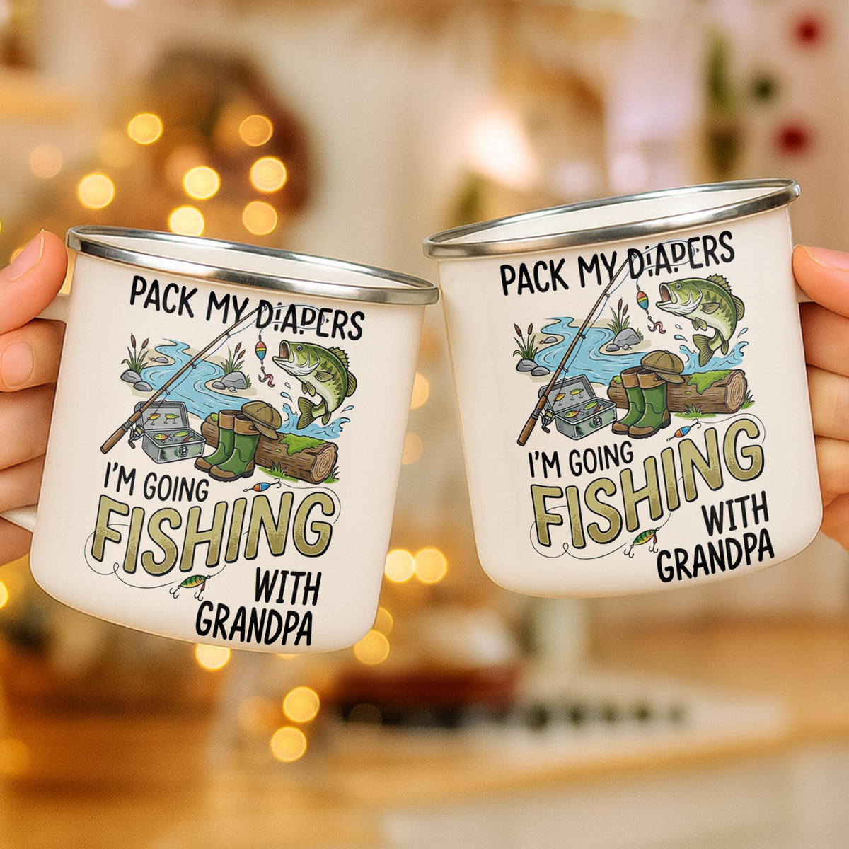 Pack My Diapers Going Fishing With Grandpa Fishing Rod And Fish - Personalized Custom Enamel Mug - KID587_EMUG