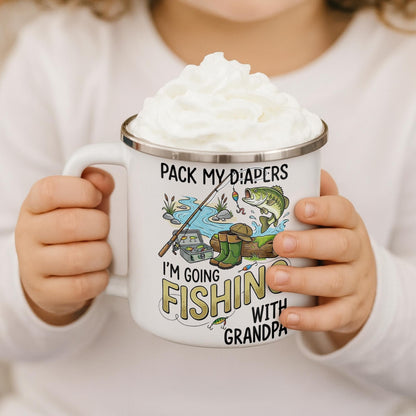 Pack My Diapers Going Fishing With Grandpa Fishing Rod And Fish - Personalized Custom Enamel Mug - KID587_EMUG