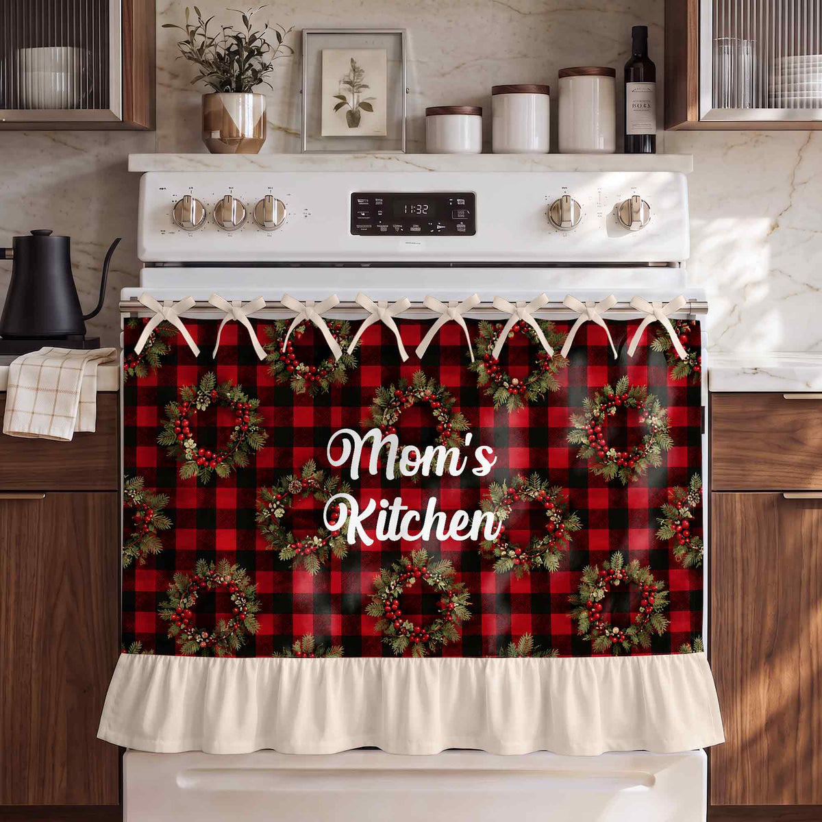 Mom's Kitchen Red Buffalo Plaid Christmas Wreath - Personalized Oven Skirt Curtain - MOM455_OSKCU